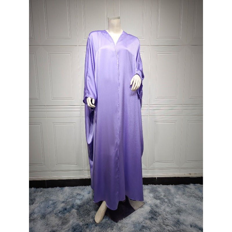 Soft Forged Bat Sleeve Abaya Robe | V - Neck Satin Cardigan Dress(MOA224) - Mariam's Collection