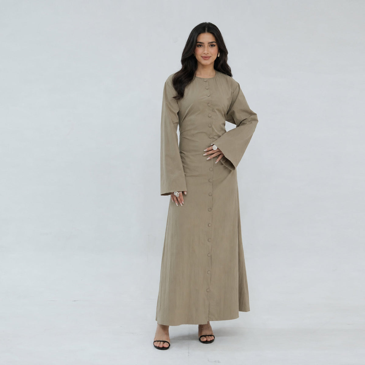 Solid Button-Front Maxi Dress | Adjustable Tie-Back Cardigan Dress(MS571) - Mariam's Collection