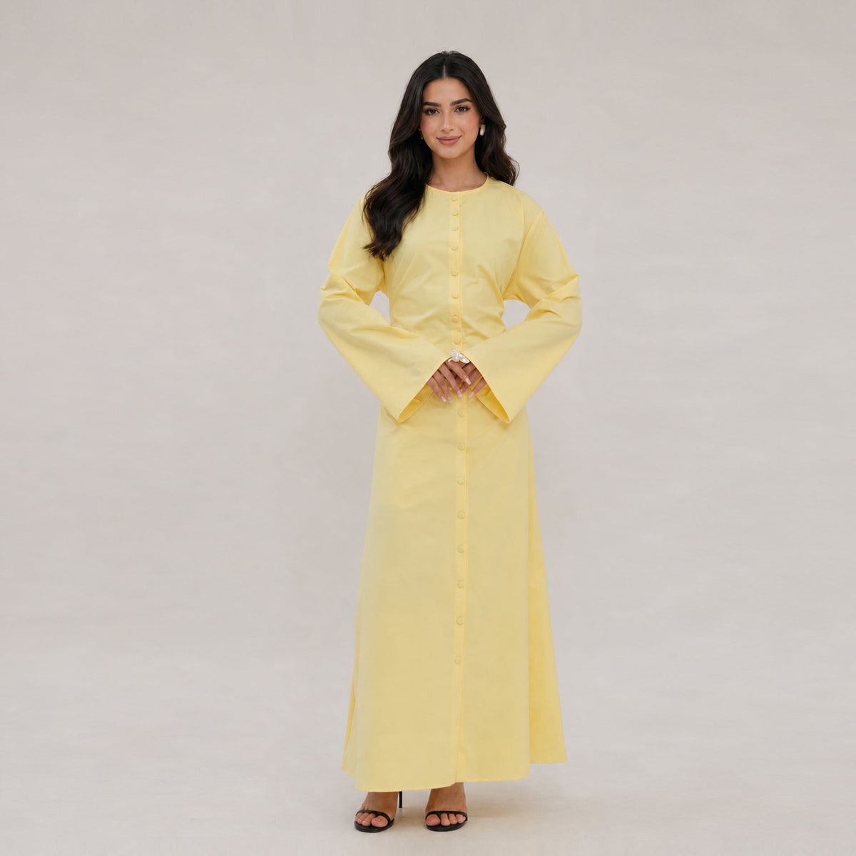 Solid Button-Front Maxi Dress | Adjustable Tie-Back Cardigan Dress(MS571) - Mariam's Collection