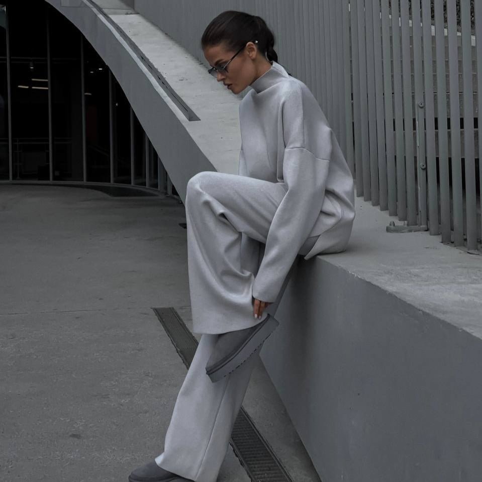 Solid Color Asymmetric Tunic & Wide Leg Pants Set(MS174) - Mariam's Collection