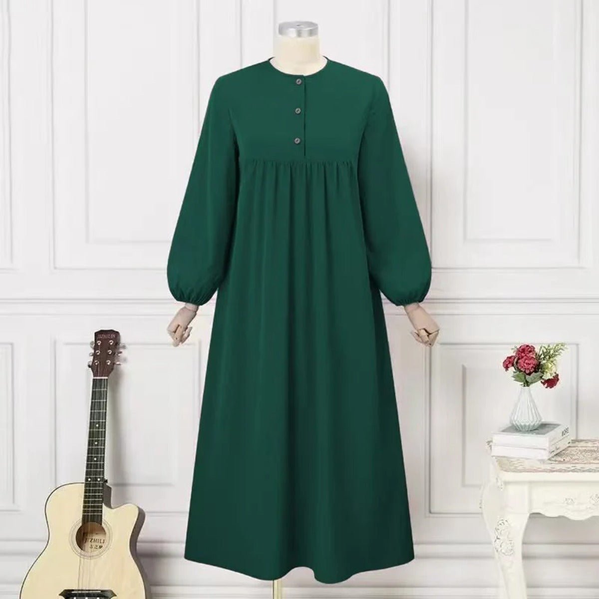 Solid Color Bubble Sleeve with Button Casual & Elegant Long Maxi Dress Abaya .(MA157) - Mariam's Collection