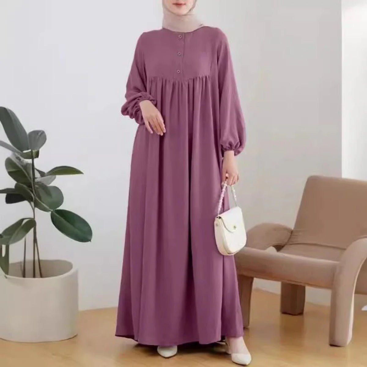 Solid Color Bubble Sleeve with Button Casual & Elegant Long Maxi Dress Abaya .(MA157) - Mariam's Collection