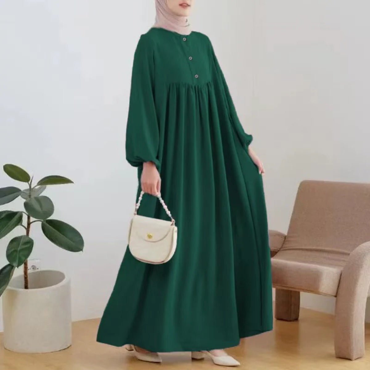 Solid Color Bubble Sleeve with Button Casual & Elegant Long Maxi Dress Abaya .(MA157) - Mariam's Collection