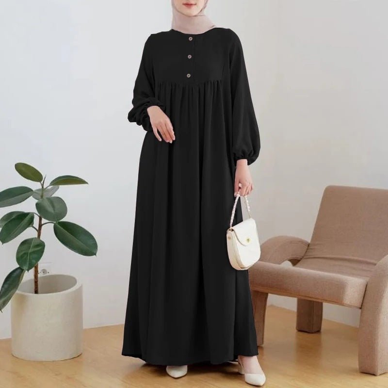 Solid Color Bubble Sleeve with Button Casual & Elegant Long Maxi Dress Abaya .(MA157) - Mariam's Collection