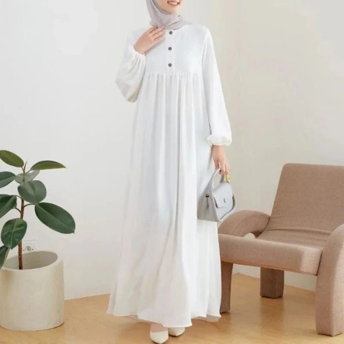 Solid Color Bubble Sleeve with Button Casual & Elegant Long Maxi Dress Abaya .(MA157) - Mariam's Collection