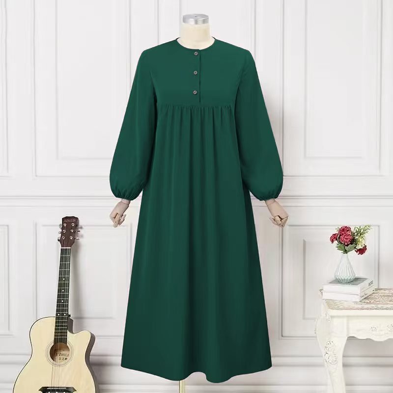 Solid Color Bubble Sleeve with Button Casual & Elegant Long Maxi Dress Abaya .(MA157) - Mariam's Collection
