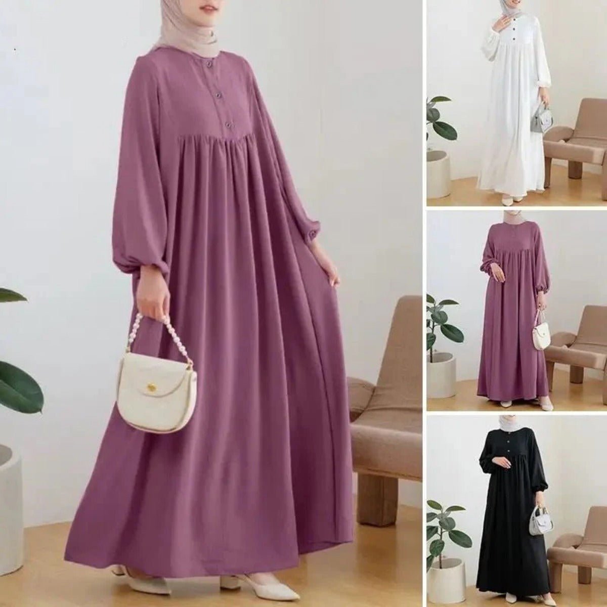 Solid Color Bubble Sleeve with Button Casual & Elegant Long Maxi Dress Abaya .(MA157) - Mariam's Collection