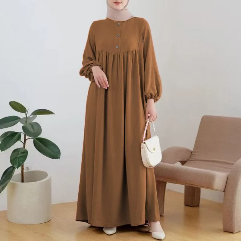 Solid Color Bubble Sleeve with Button Casual & Elegant Long Maxi Dress Abaya .(MA157) - Mariam's Collection