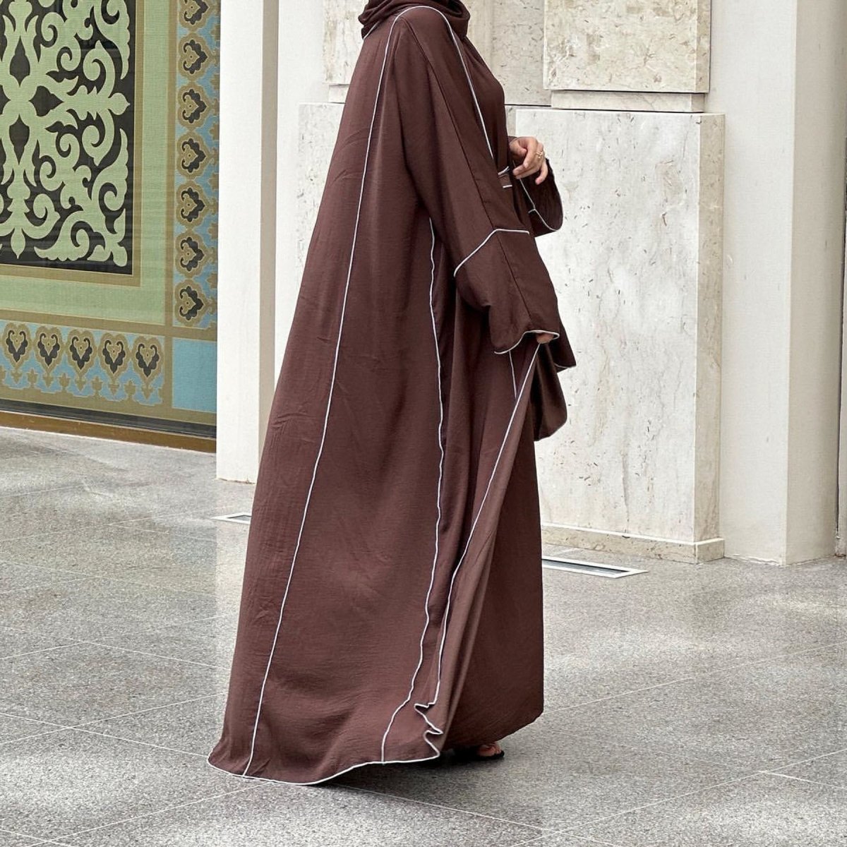 Solid Color Hooded Cardigan & Inner Dress Set - Modest Muslim Abaya Outfit with White Trim Detail(MOA209) - Mariam's Collection