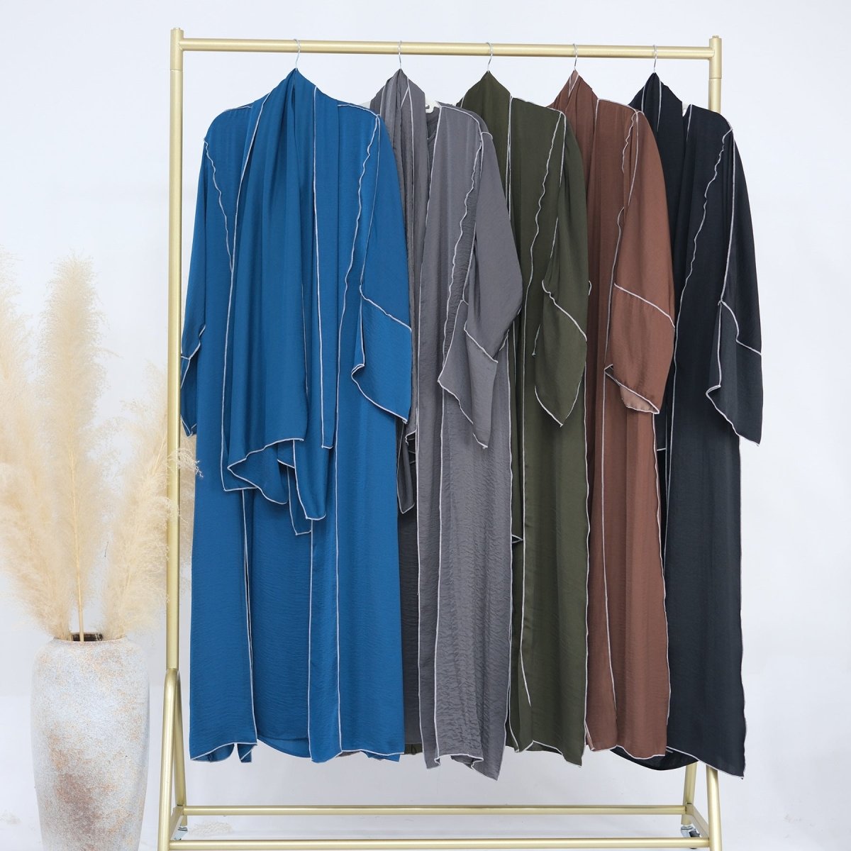 Solid Color Hooded Cardigan & Inner Dress Set - Modest Muslim Abaya Outfit with White Trim Detail(MOA209) - Mariam's Collection