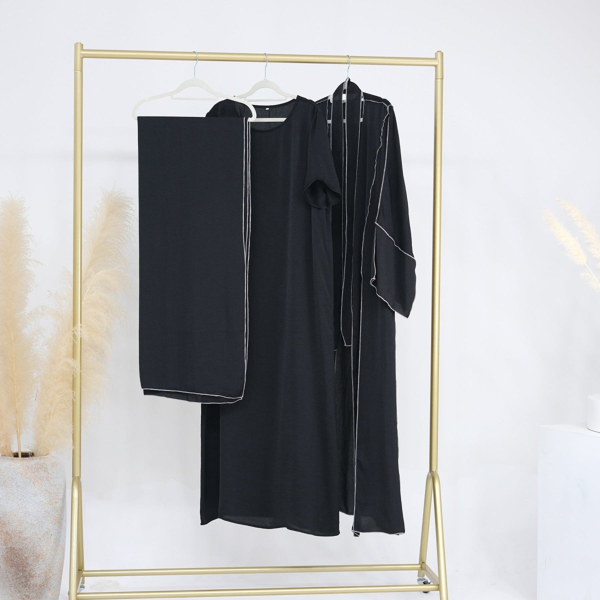 Solid Color Hooded Cardigan & Inner Dress Set - Modest Muslim Abaya Outfit with White Trim Detail(MOA209) - Mariam's Collection