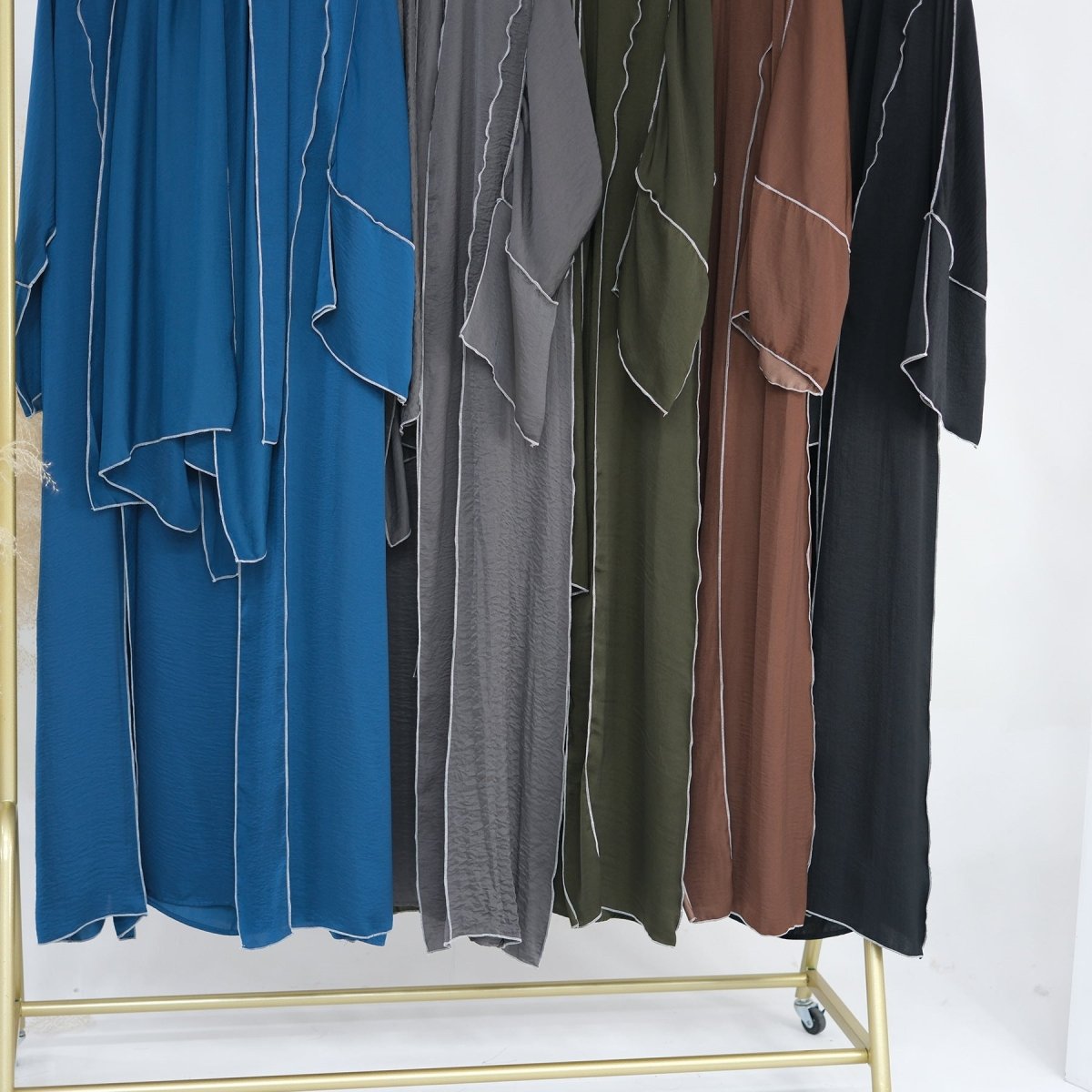 Solid Color Hooded Cardigan & Inner Dress Set - Modest Muslim Abaya Outfit with White Trim Detail(MOA209) - Mariam's Collection