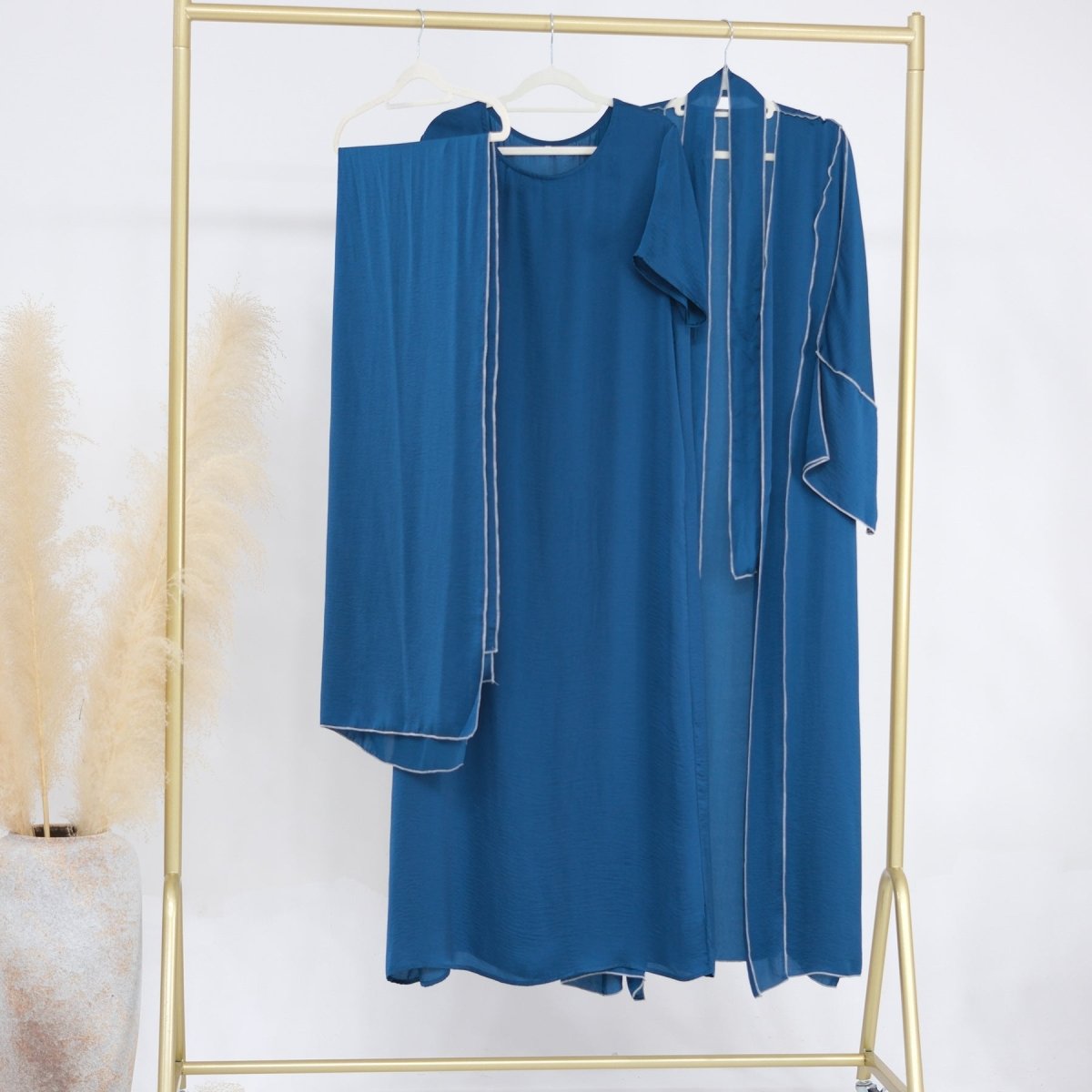 Solid Color Hooded Cardigan & Inner Dress Set - Modest Muslim Abaya Outfit with White Trim Detail(MOA209) - Mariam's Collection