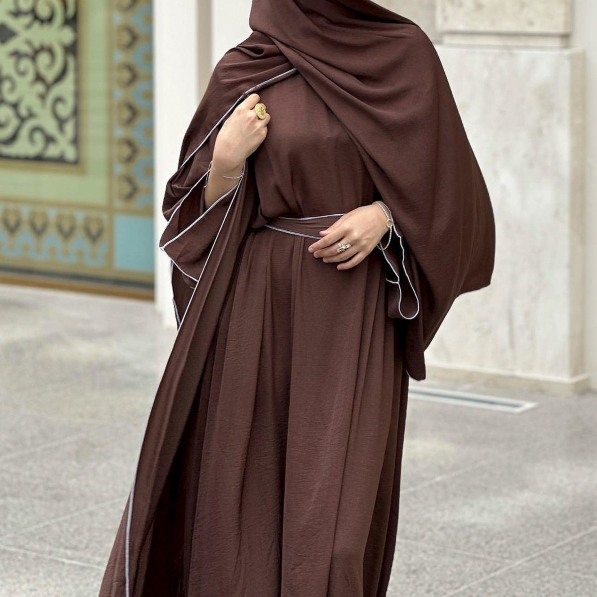 Solid Color Hooded Cardigan & Inner Dress Set - Modest Muslim Abaya Outfit with White Trim Detail(MOA209) - Mariam's Collection