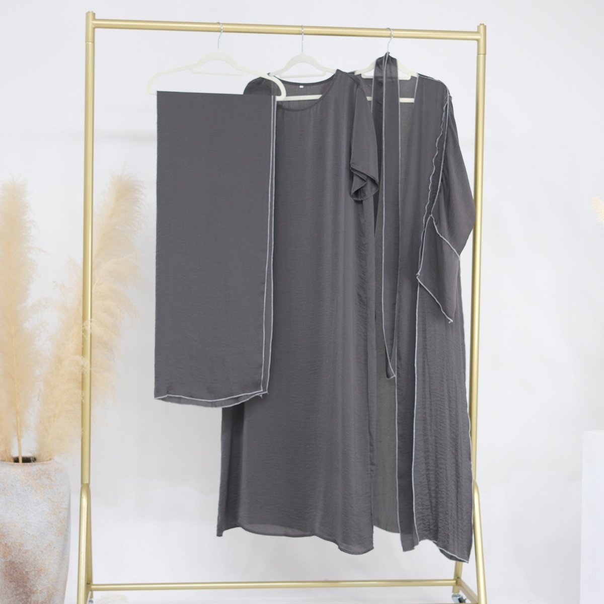 Solid Color Hooded Cardigan & Inner Dress Set - Modest Muslim Abaya Outfit with White Trim Detail(MOA209) - Mariam's Collection