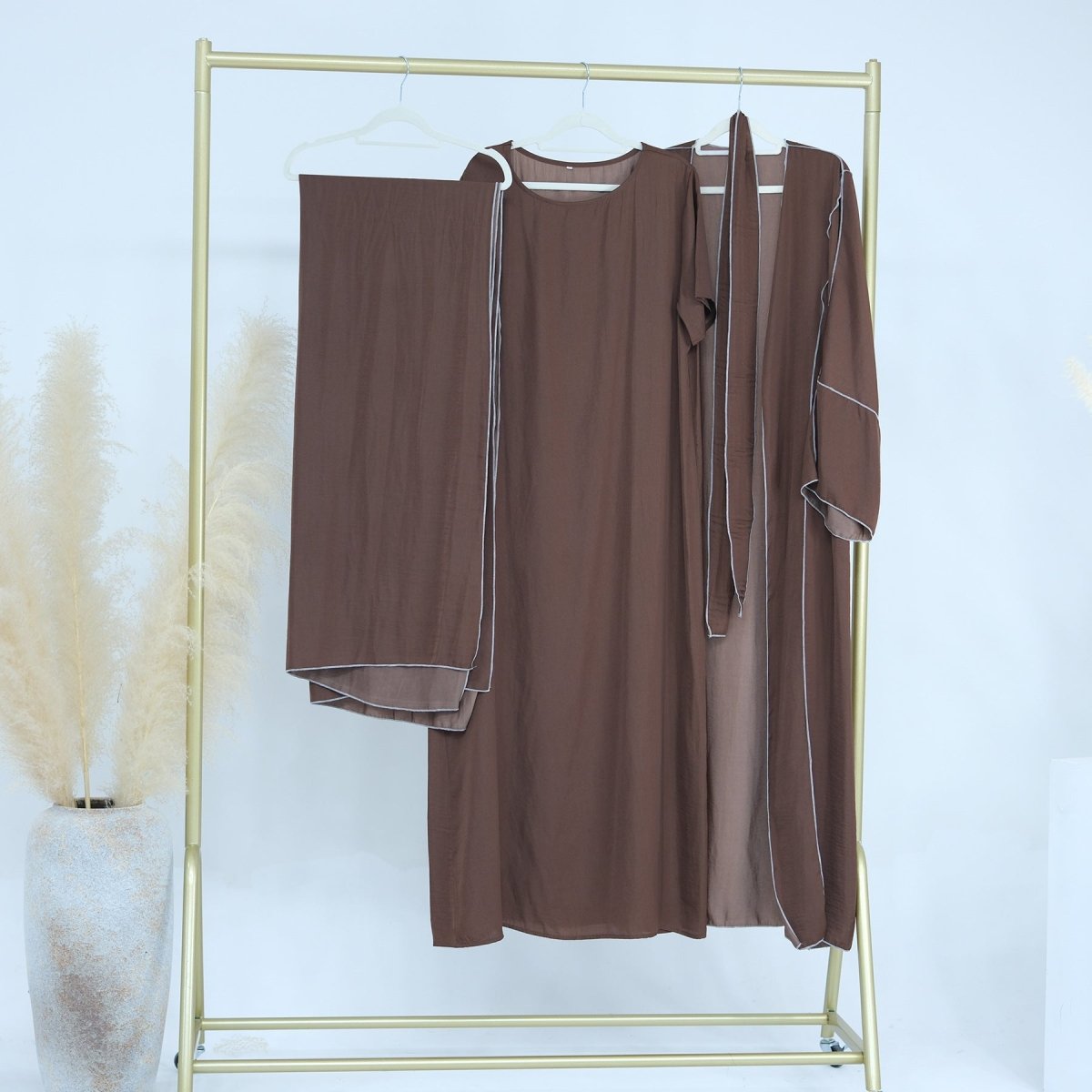 Solid Color Hooded Cardigan & Inner Dress Set - Modest Muslim Abaya Outfit with White Trim Detail(MOA209) - Mariam's Collection