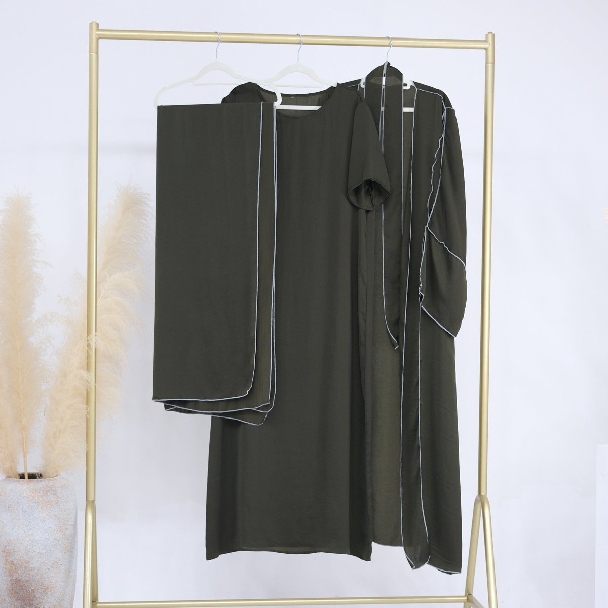 Solid Color Hooded Cardigan & Inner Dress Set - Modest Muslim Abaya Outfit with White Trim Detail(MOA209) - Mariam's Collection