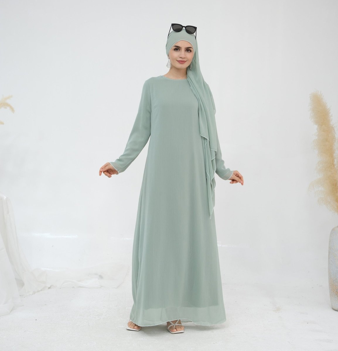 Solid Color Layered Chiffon Elegant Open Abaya 2 - Piece Set (MOA132) - Mariam's Collection