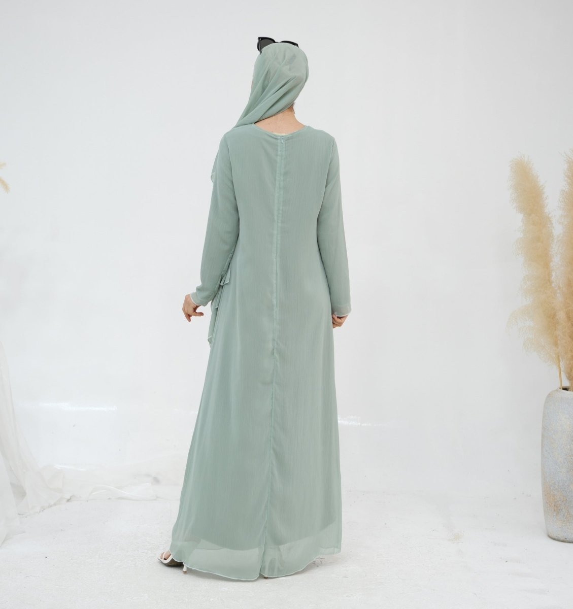 Solid Color Layered Chiffon Elegant Open Abaya 2 - Piece Set (MOA132) - Mariam's Collection