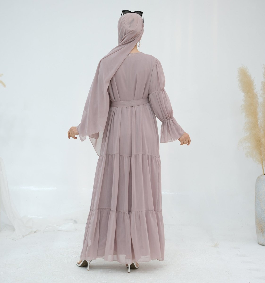 Solid Color Layered Chiffon Elegant Open Abaya 2 - Piece Set (MOA132) - Mariam's Collection