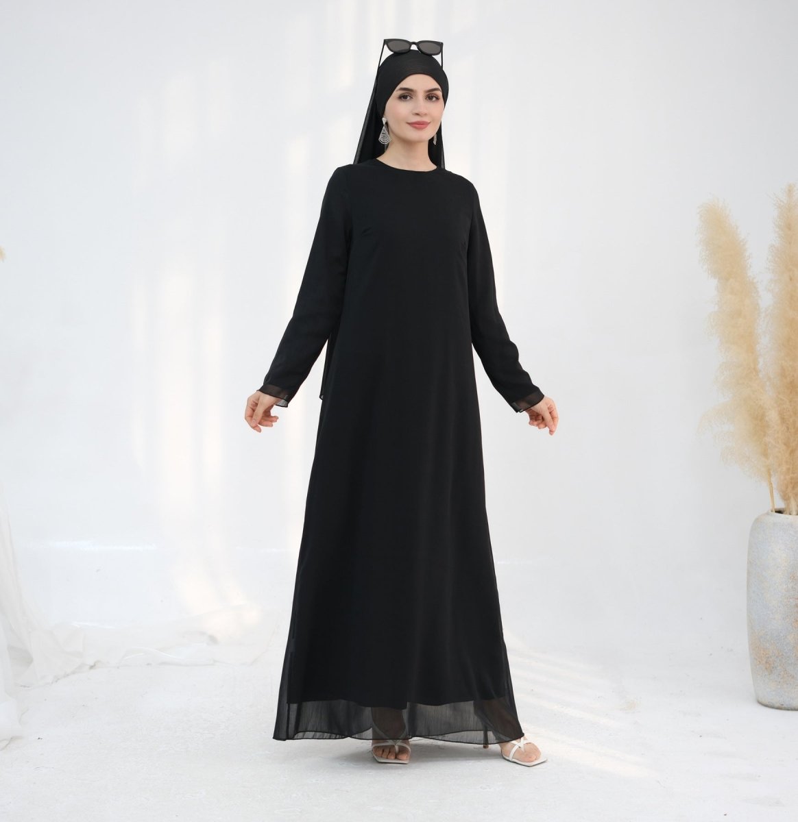 Solid Color Layered Chiffon Elegant Open Abaya 2 - Piece Set (MOA132) - Mariam's Collection