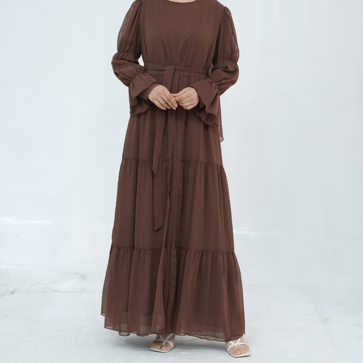 Solid Color Layered Chiffon Elegant Open Abaya 2 - Piece Set (MOA132) - Mariam's Collection