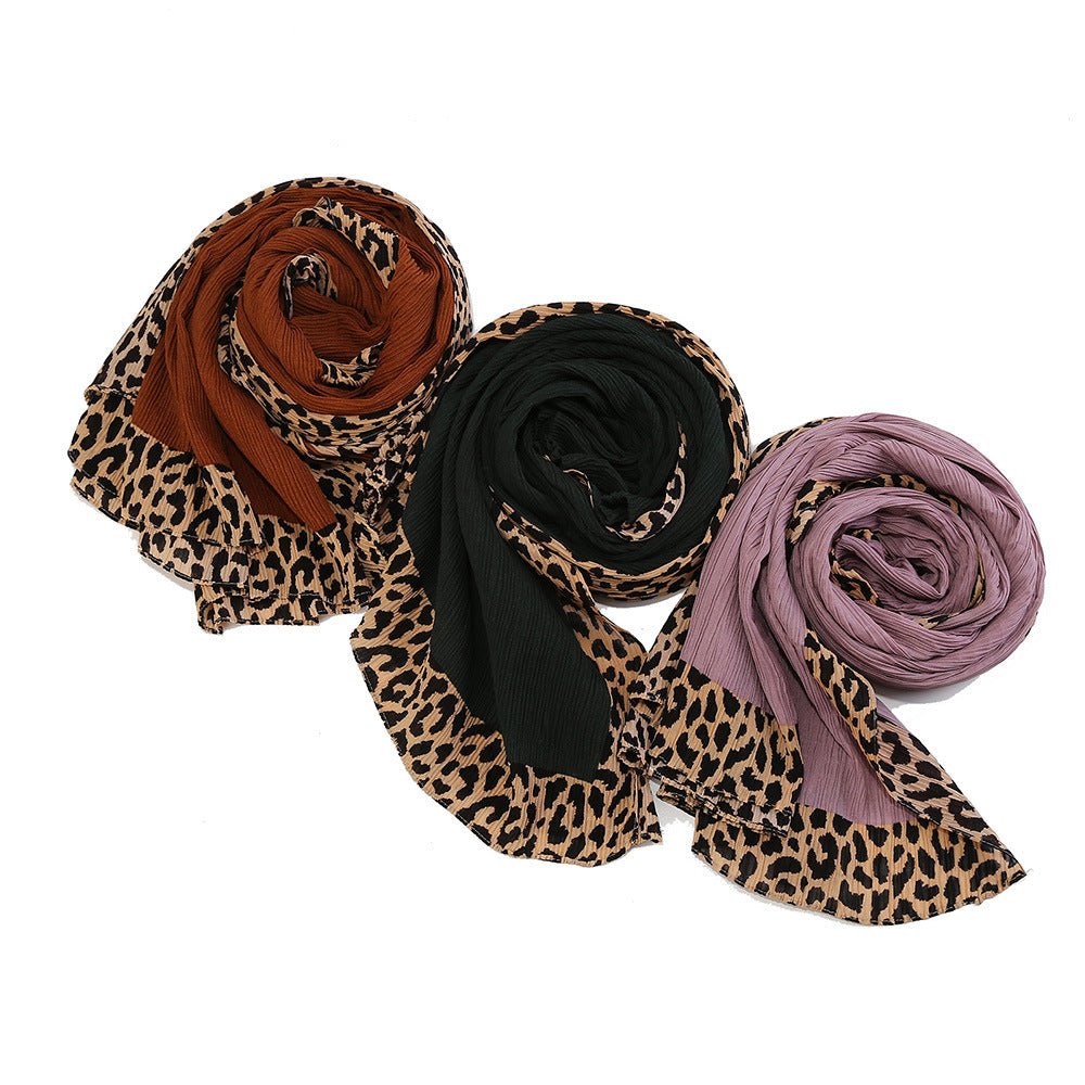 Solid Color Leopard - Print Embellished Crinkle Scarf Hijab (MH181) - Mariam's Collection