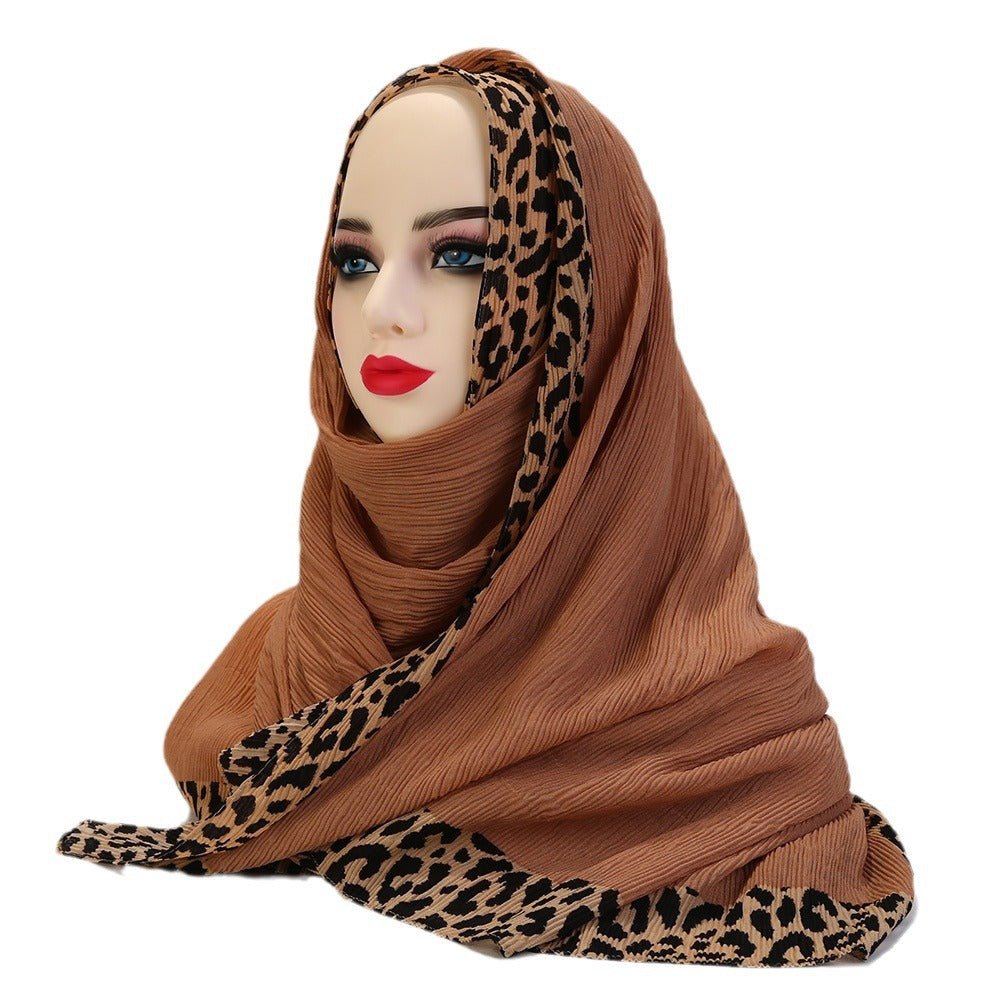 Solid Color Leopard - Print Embellished Crinkle Scarf Hijab (MH181) - Mariam's Collection