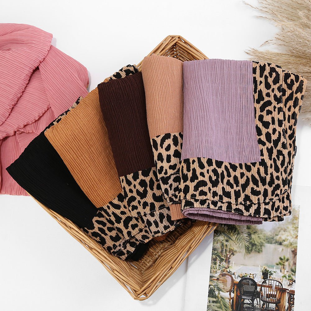 Solid Color Leopard - Print Embellished Crinkle Scarf Hijab (MH181) - Mariam's Collection