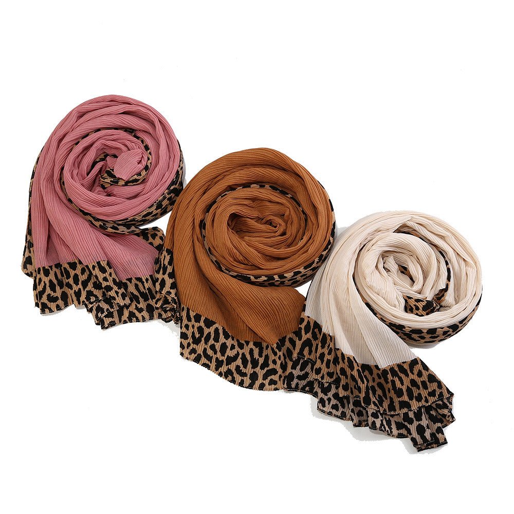 Solid Color Leopard - Print Embellished Crinkle Scarf Hijab (MH181) - Mariam's Collection