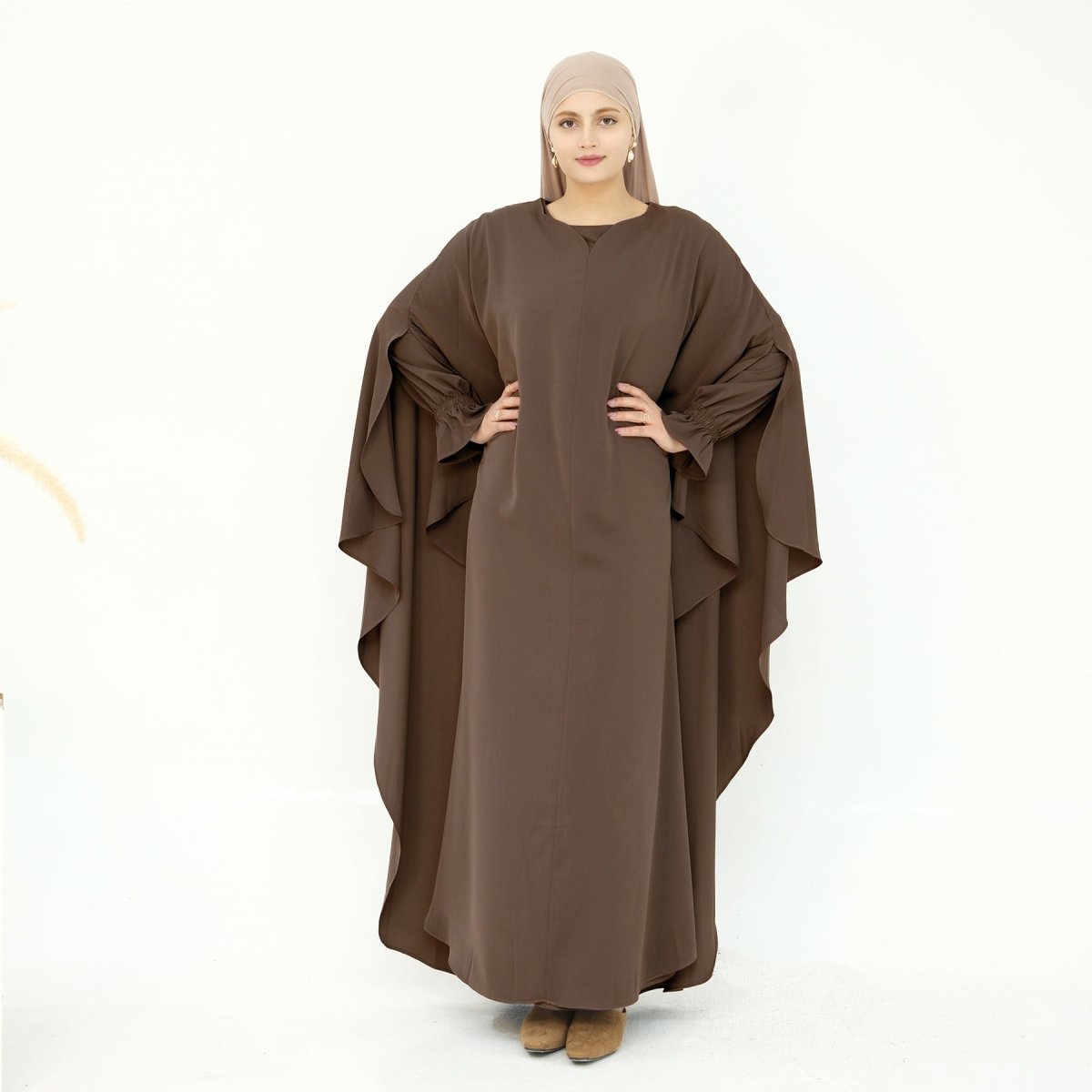 Solid Color Modest Robe Dress Two - Piece Set – Muslim Abaya with Puff Sleeves(MA275) - Mariam's Collection