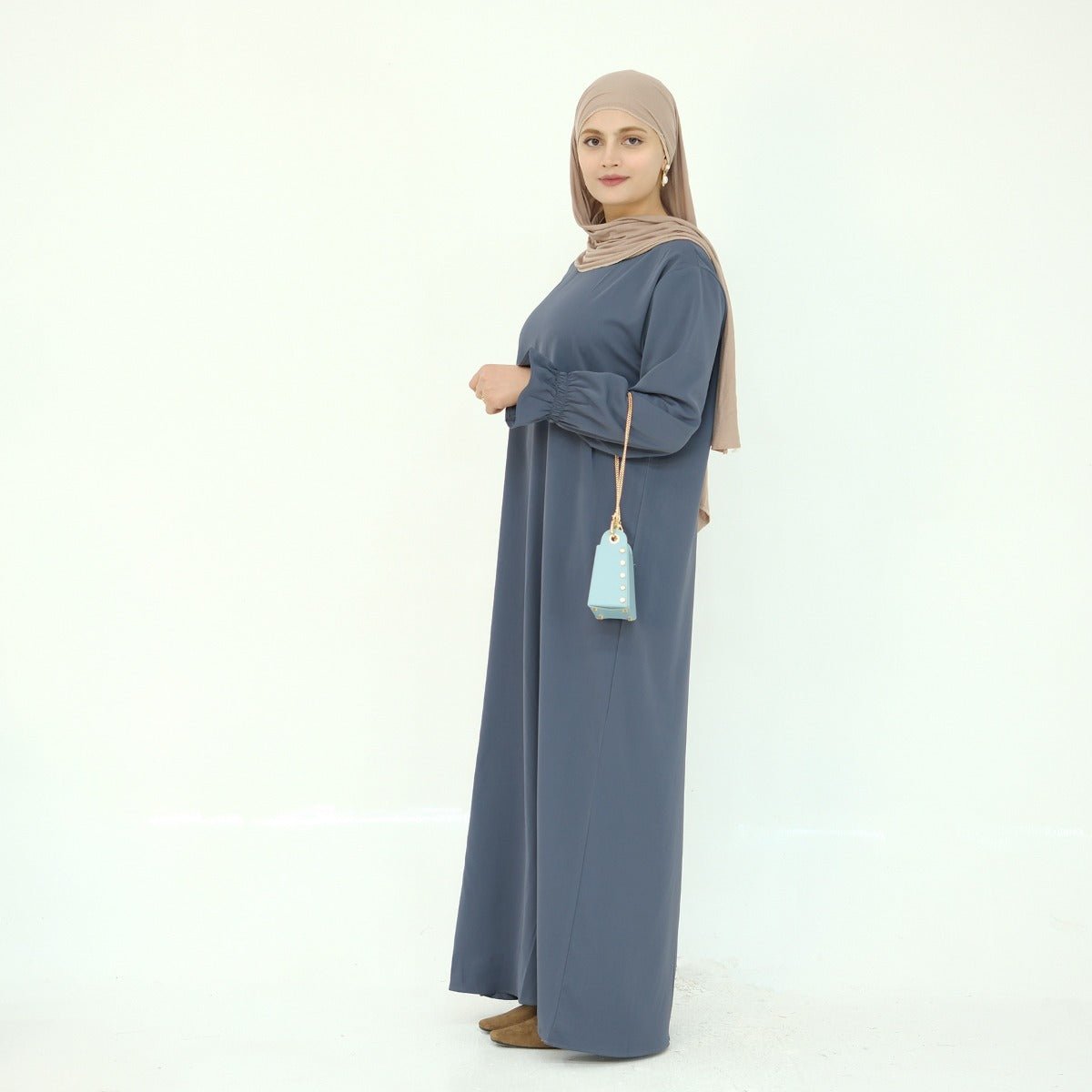Solid Color Modest Robe Dress Two - Piece Set – Muslim Abaya with Puff Sleeves(MA275) - Mariam's Collection