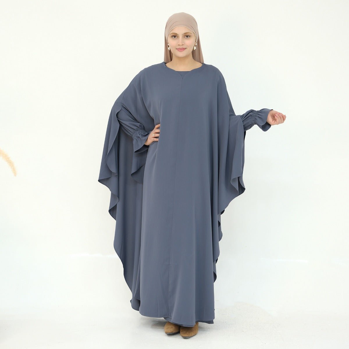 Solid Color Modest Robe Dress Two - Piece Set – Muslim Abaya with Puff Sleeves(MA275) - Mariam's Collection