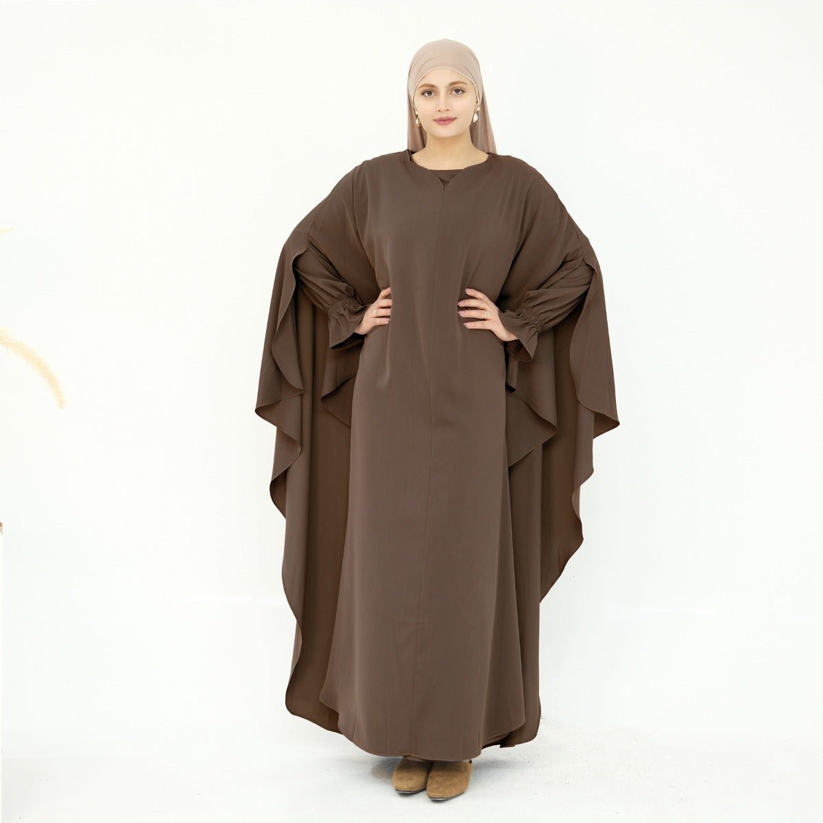 Solid Color Modest Robe Dress Two - Piece Set – Muslim Abaya with Puff Sleeves(MA275) - Mariam's Collection