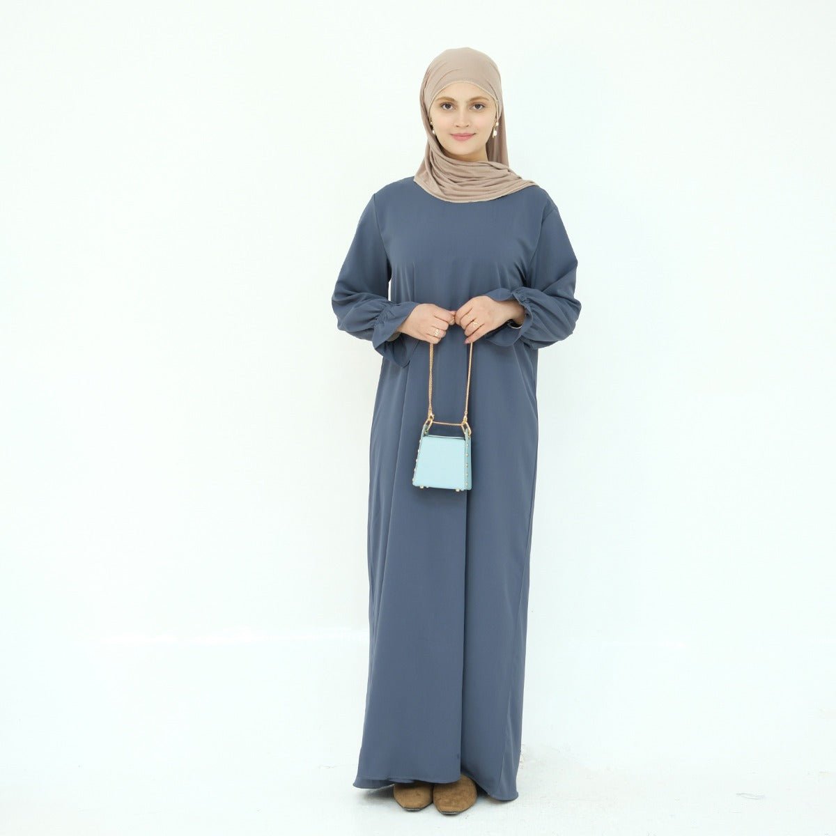 Solid Color Modest Robe Dress Two - Piece Set – Muslim Abaya with Puff Sleeves(MA275) - Mariam's Collection