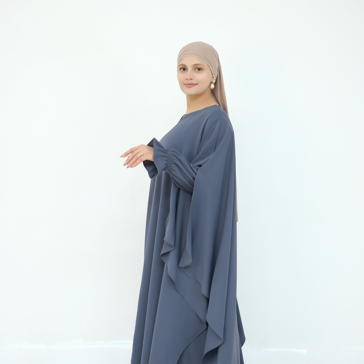 Solid Color Modest Robe Dress Two - Piece Set – Muslim Abaya with Puff Sleeves(MA275) - Mariam's Collection