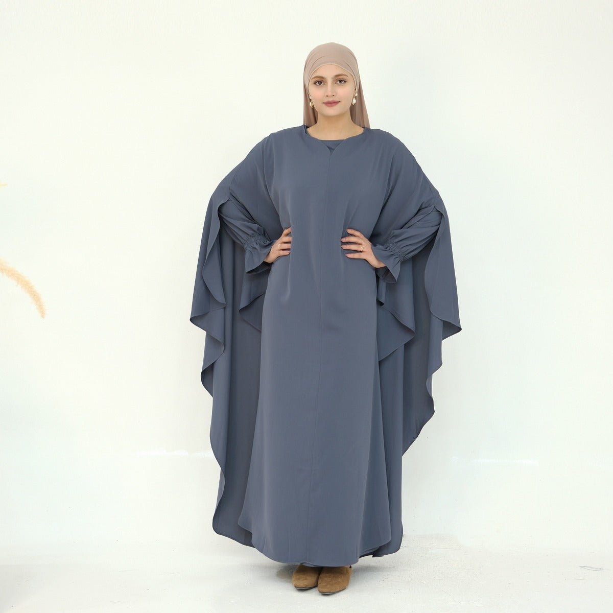 Solid Color Modest Robe Dress Two - Piece Set – Muslim Abaya with Puff Sleeves(MA275) - Mariam's Collection