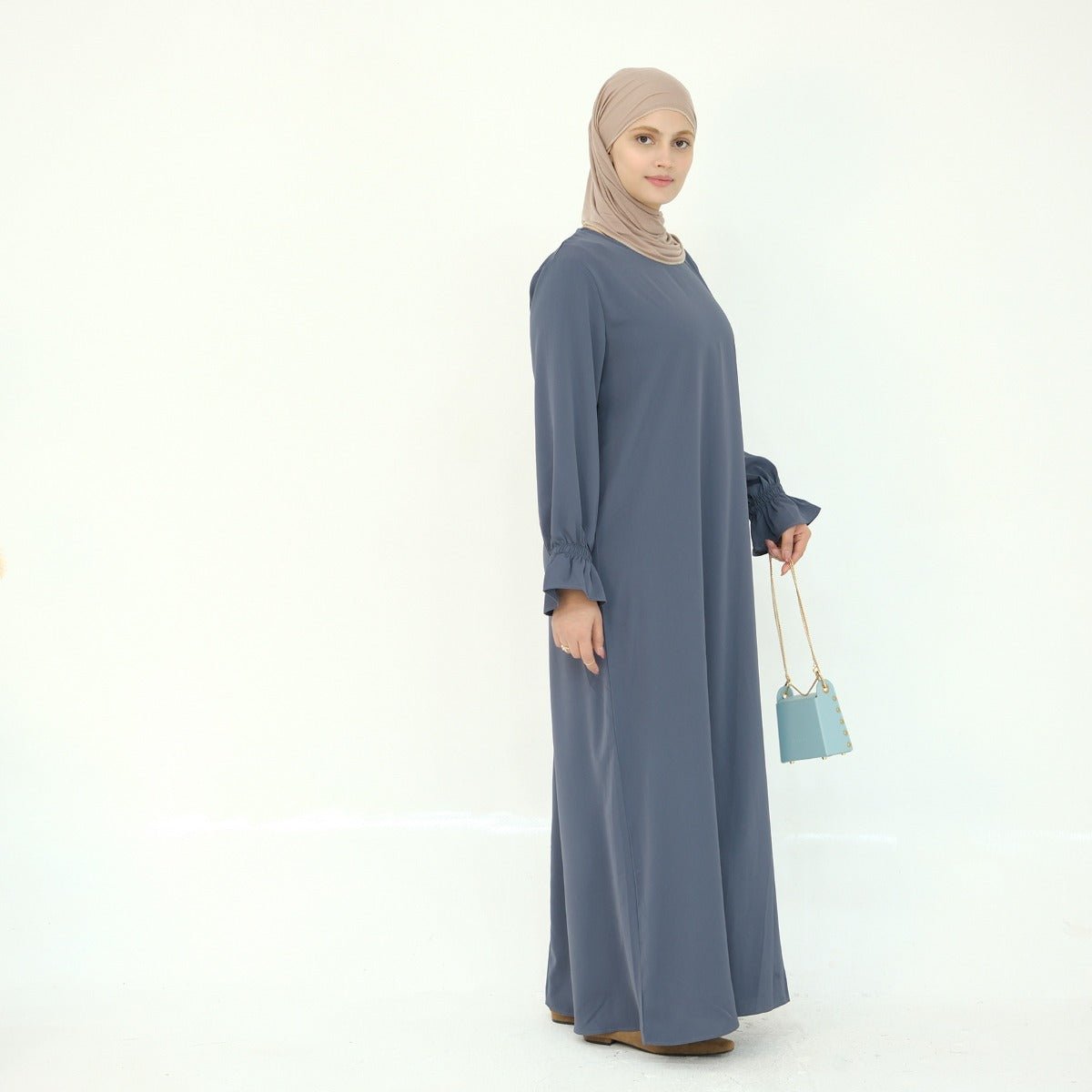 Solid Color Modest Robe Dress Two - Piece Set – Muslim Abaya with Puff Sleeves(MA275) - Mariam's Collection