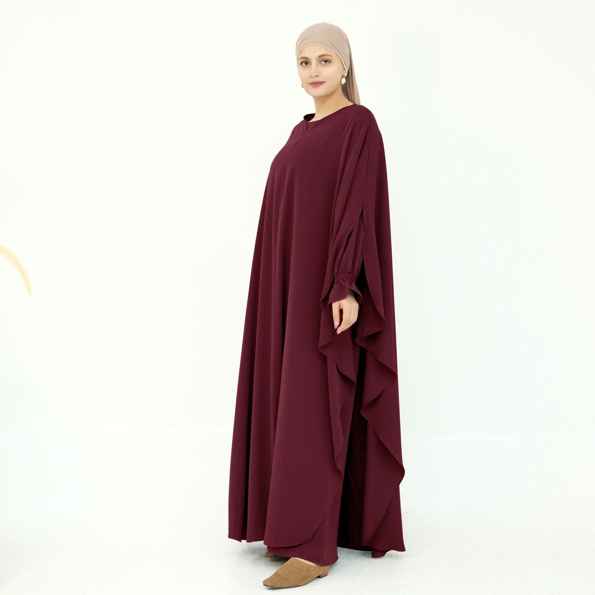 Solid Color Modest Robe Dress Two - Piece Set – Muslim Abaya with Puff Sleeves(MA275) - Mariam's Collection
