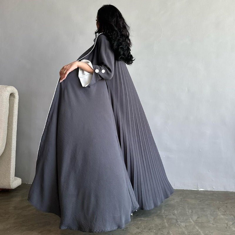 Solid Color Pleated Abaya Cardigan | Modest Long Dress with Open Front for Autumn & Winter(MOA218) - Mariam's Collection