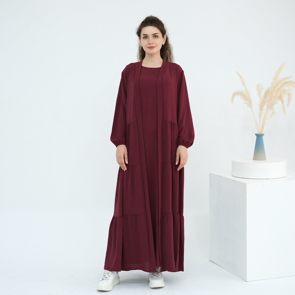 Solid Color Puff Sleeve Layered Maxi Dress Robe Dress Two - Piece Set. (MOA165) - Mariam's Collection