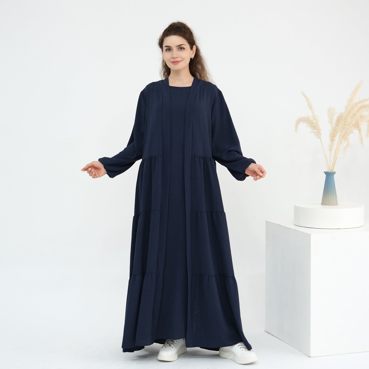 Solid Color Puff Sleeve Layered Maxi Dress Robe Dress Two - Piece Set. (MOA165) - Mariam's Collection