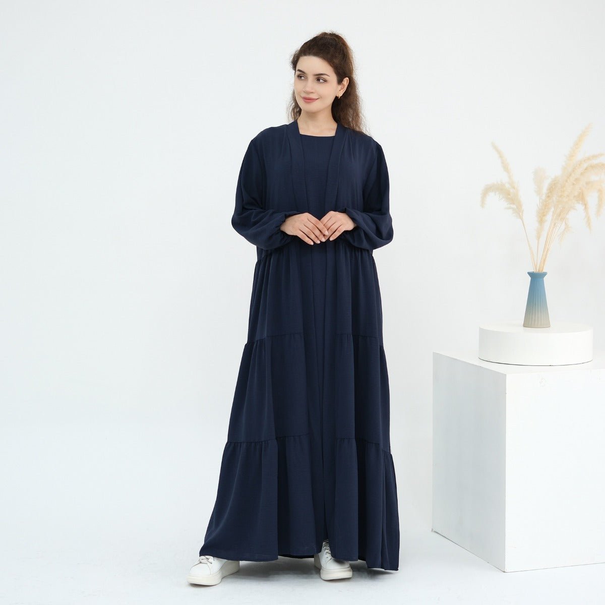 Solid Color Puff Sleeve Layered Maxi Dress Robe Dress Two - Piece Set. (MOA165) - Mariam's Collection