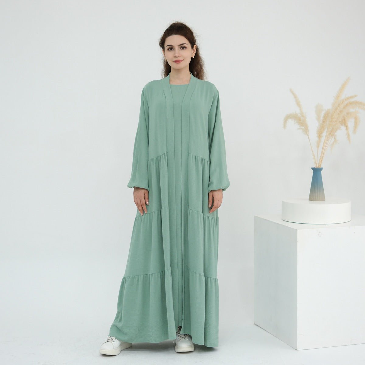 Solid Color Puff Sleeve Layered Maxi Dress Robe Dress Two - Piece Set. (MOA165) - Mariam's Collection