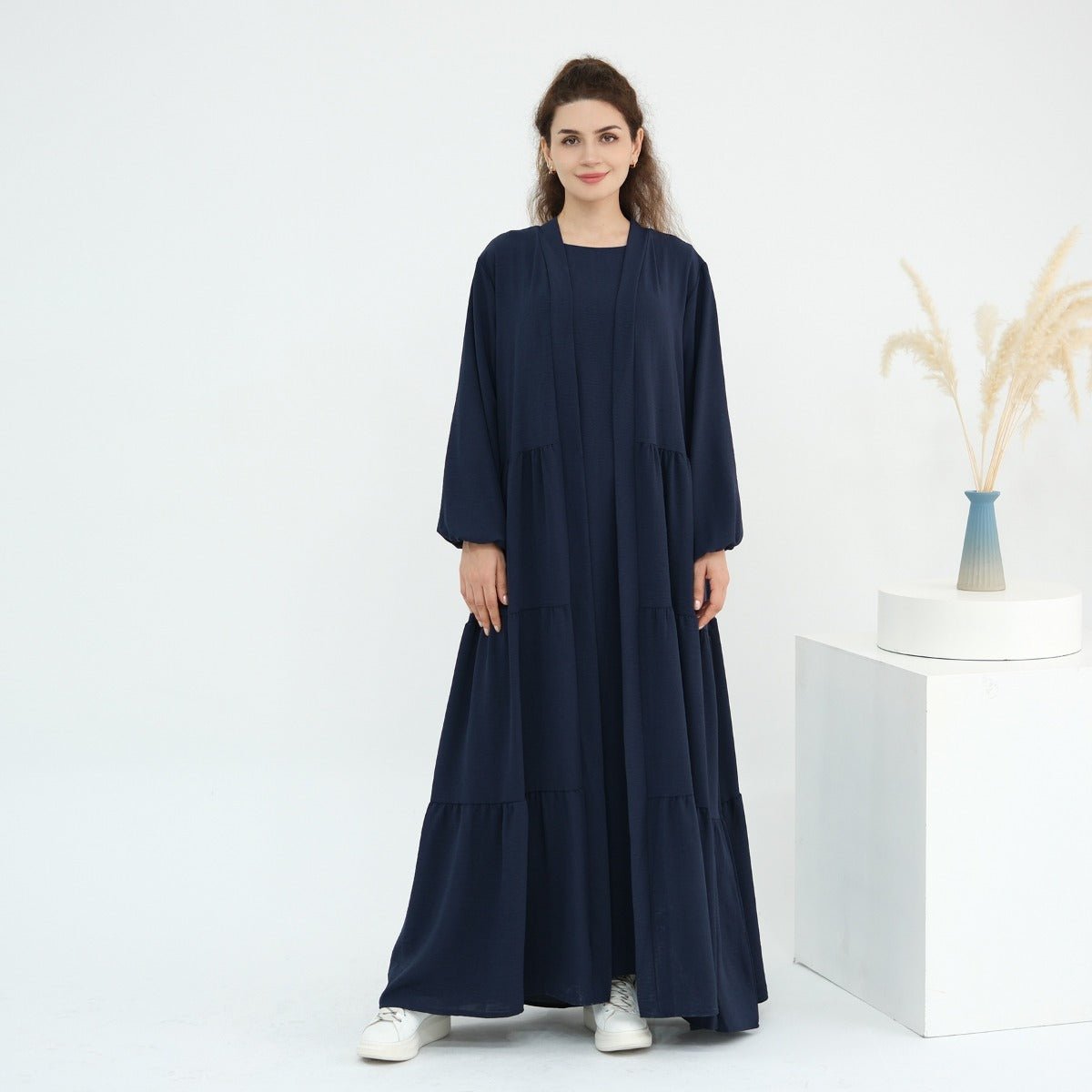 Solid Color Puff Sleeve Layered Maxi Dress Robe Dress Two - Piece Set. (MOA165) - Mariam's Collection