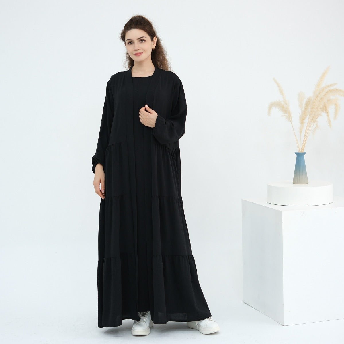 Solid Color Puff Sleeve Layered Maxi Dress Robe Dress Two - Piece Set. (MOA165) - Mariam's Collection