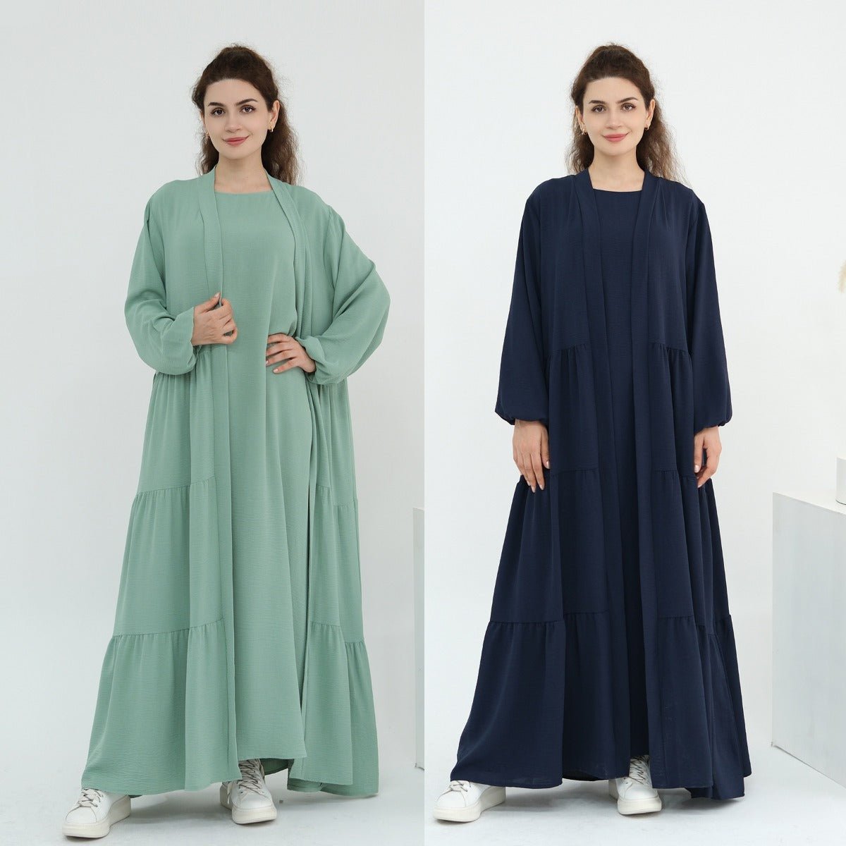 Solid Color Puff Sleeve Layered Maxi Dress Robe Dress Two - Piece Set. (MOA165) - Mariam's Collection