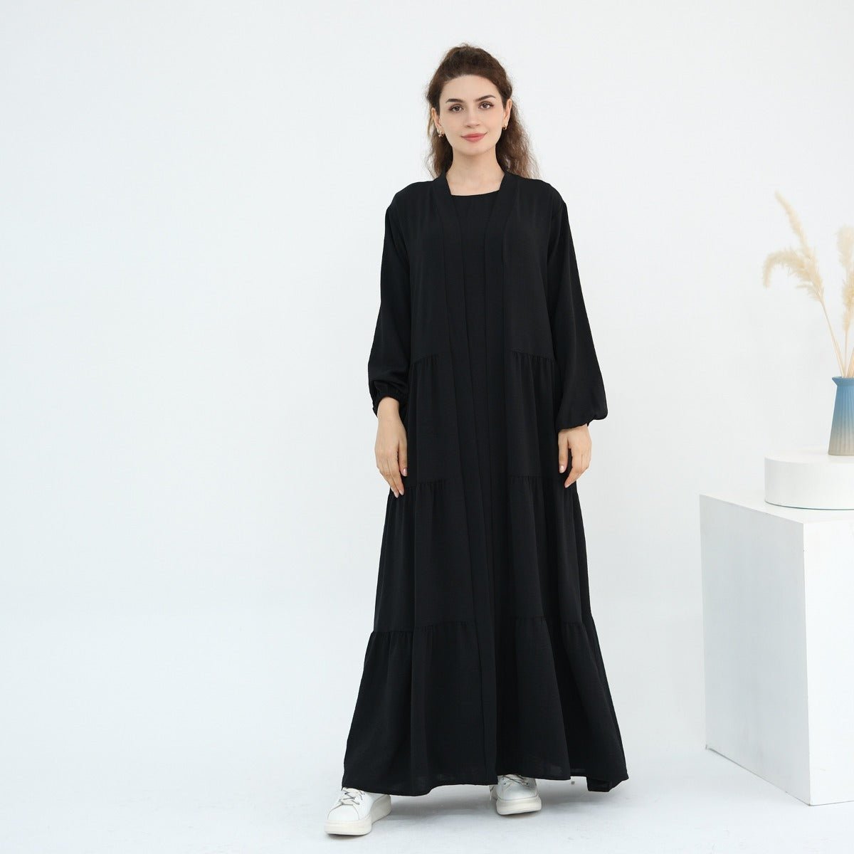 Solid Color Puff Sleeve Layered Maxi Dress Robe Dress Two - Piece Set. (MOA165) - Mariam's Collection