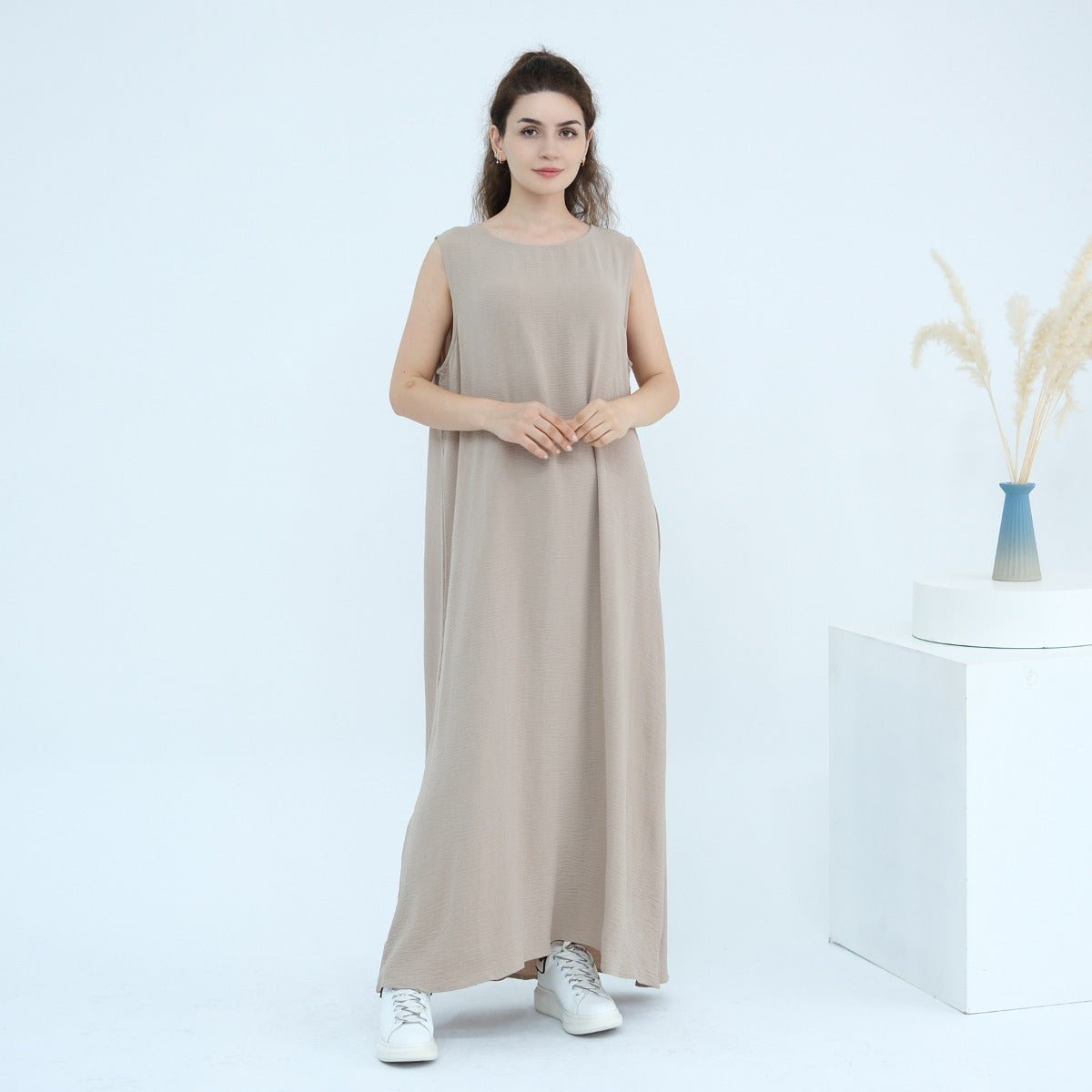 Solid Color Puff Sleeve Layered Maxi Dress Robe Dress Two - Piece Set. (MOA165) - Mariam's Collection