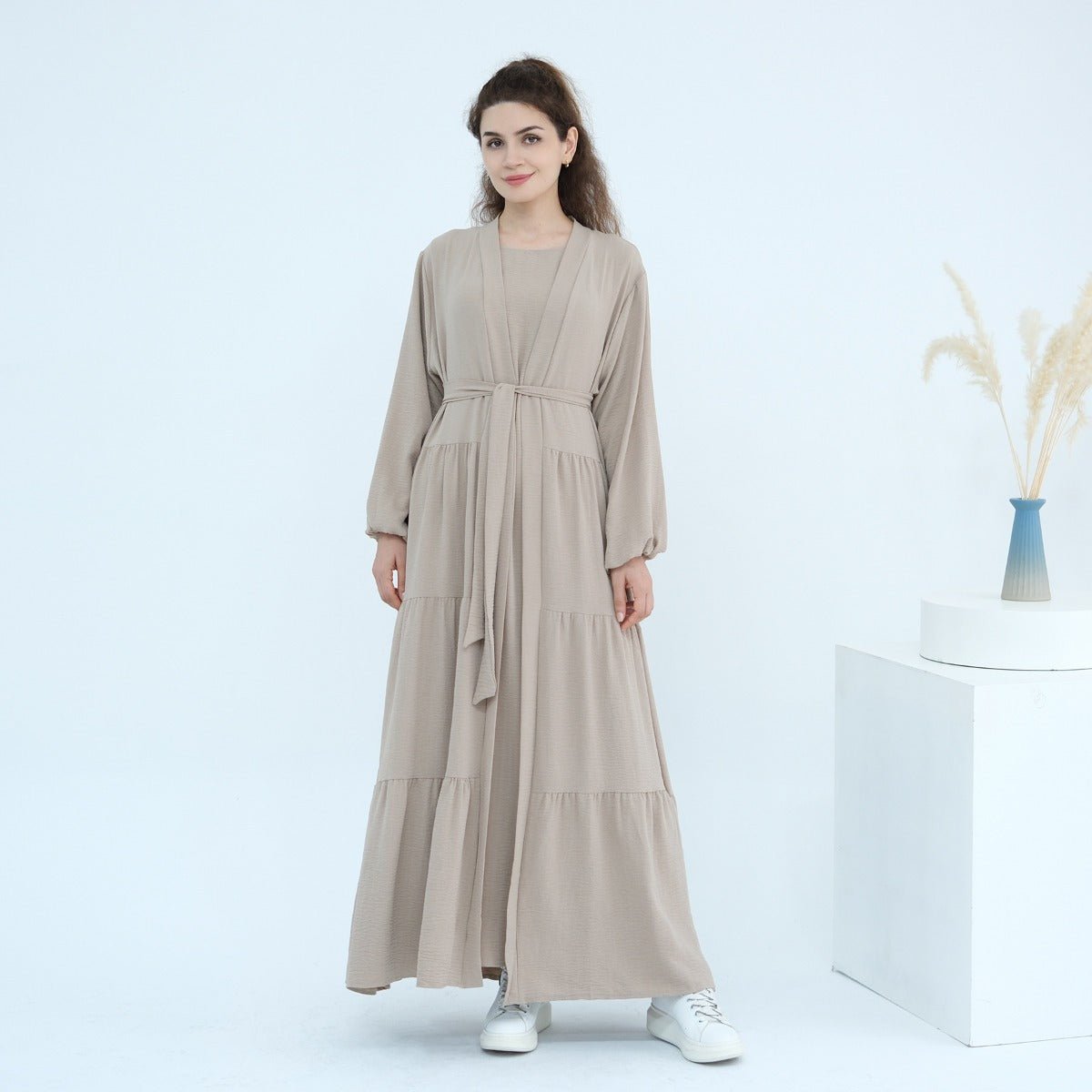 Solid Color Puff Sleeve Layered Maxi Dress Robe Dress Two - Piece Set. (MOA165) - Mariam's Collection